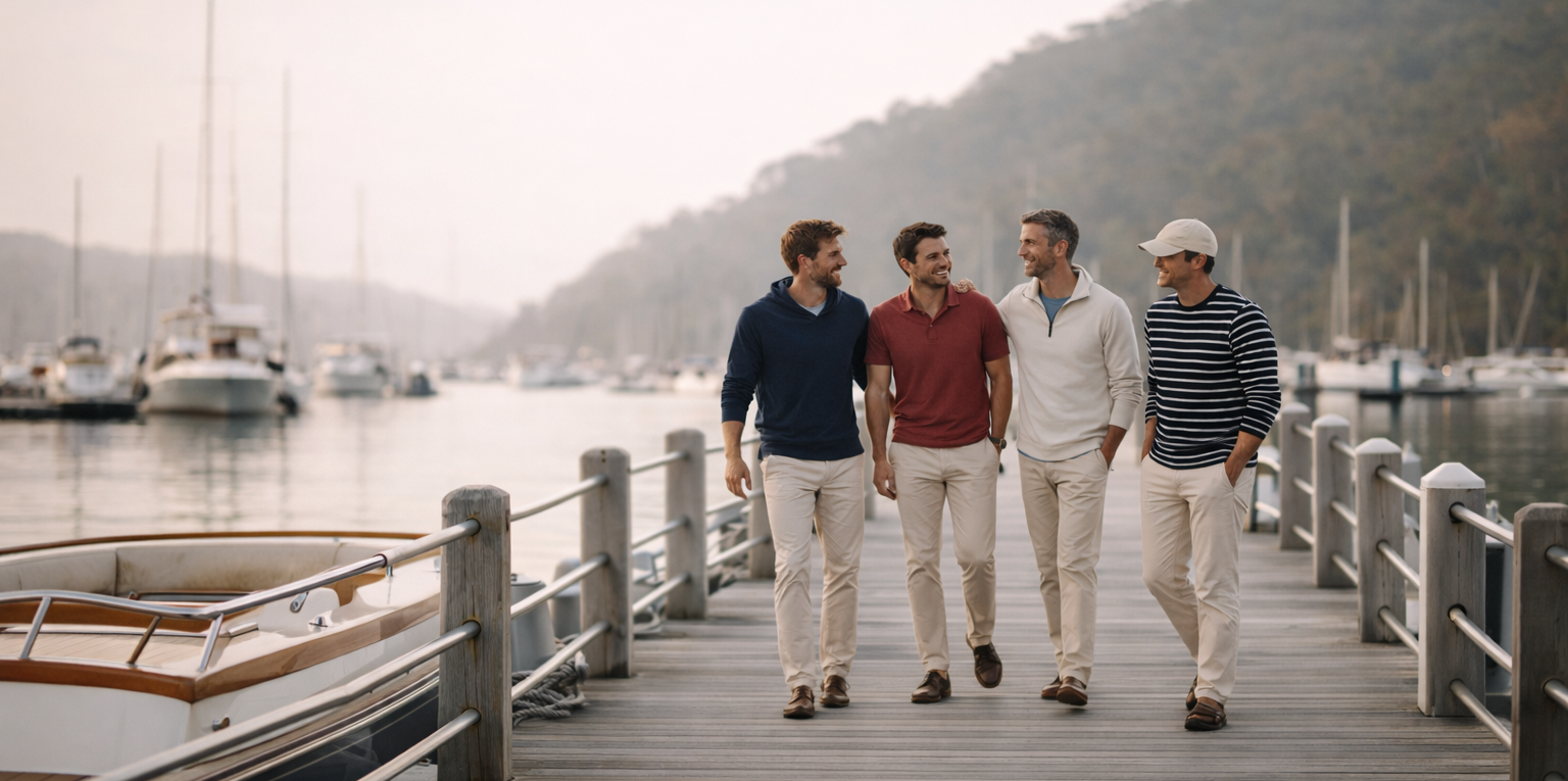 Four casually dressed men walk along a marina dock at golden hour, seen full-body from a distance. Boats and calm water line the background, with soft hills beyond, creating a relaxed coastal lifestyle atmosphere.