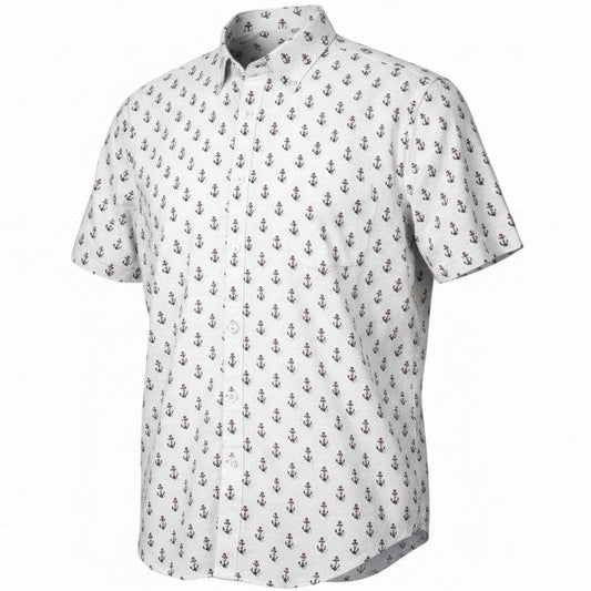 White short-sleeve shirt with small pattern on a white background