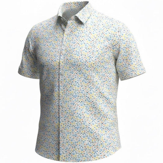 Short-sleeve shirt with a subtle pattern on a white background
