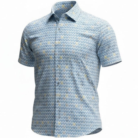 Short-sleeve shirt with a subtle pattern on a white background