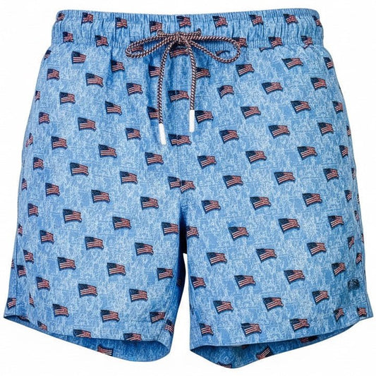 Blue swim shorts with American flag pattern on a white background