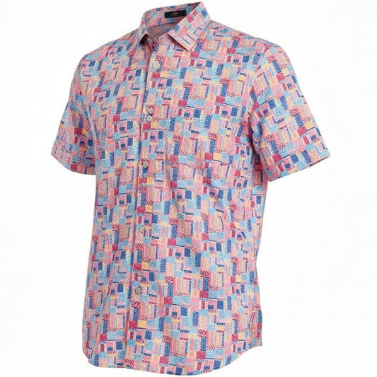 Short-sleeve shirt with a geometric pattern on a white background