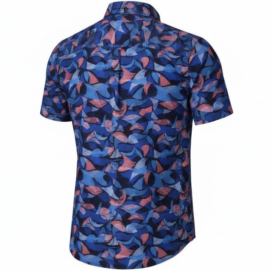 Short-sleeve shirt with a blue and pink geometric pattern on a white background