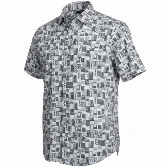 Short-sleeve shirt with geometric pattern on a white background