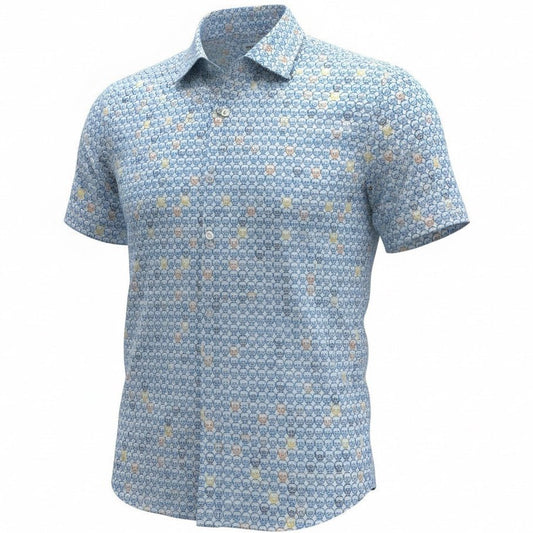 Short-sleeve shirt with a geometric pattern of skulls on a white background