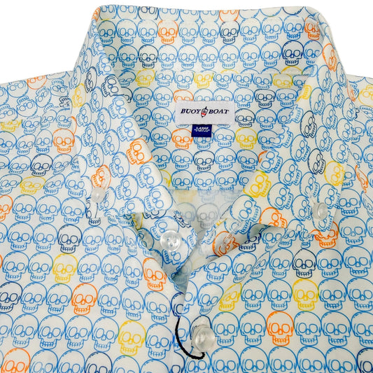 Skull patterned shirt with brand logos on a white background