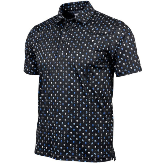 Black short-sleeve shirt with blue and white pattern on a white background