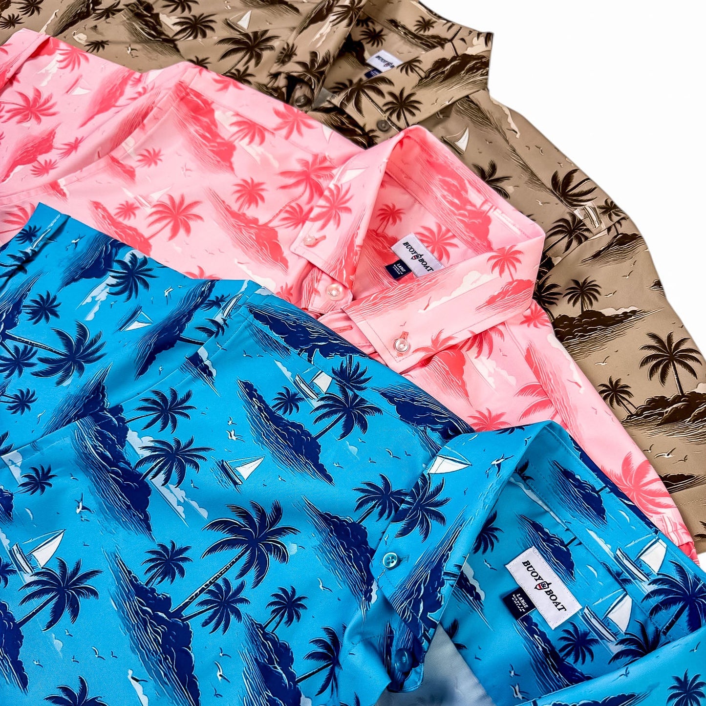 Three patterned shirts in blue, pink, and brown on a white background