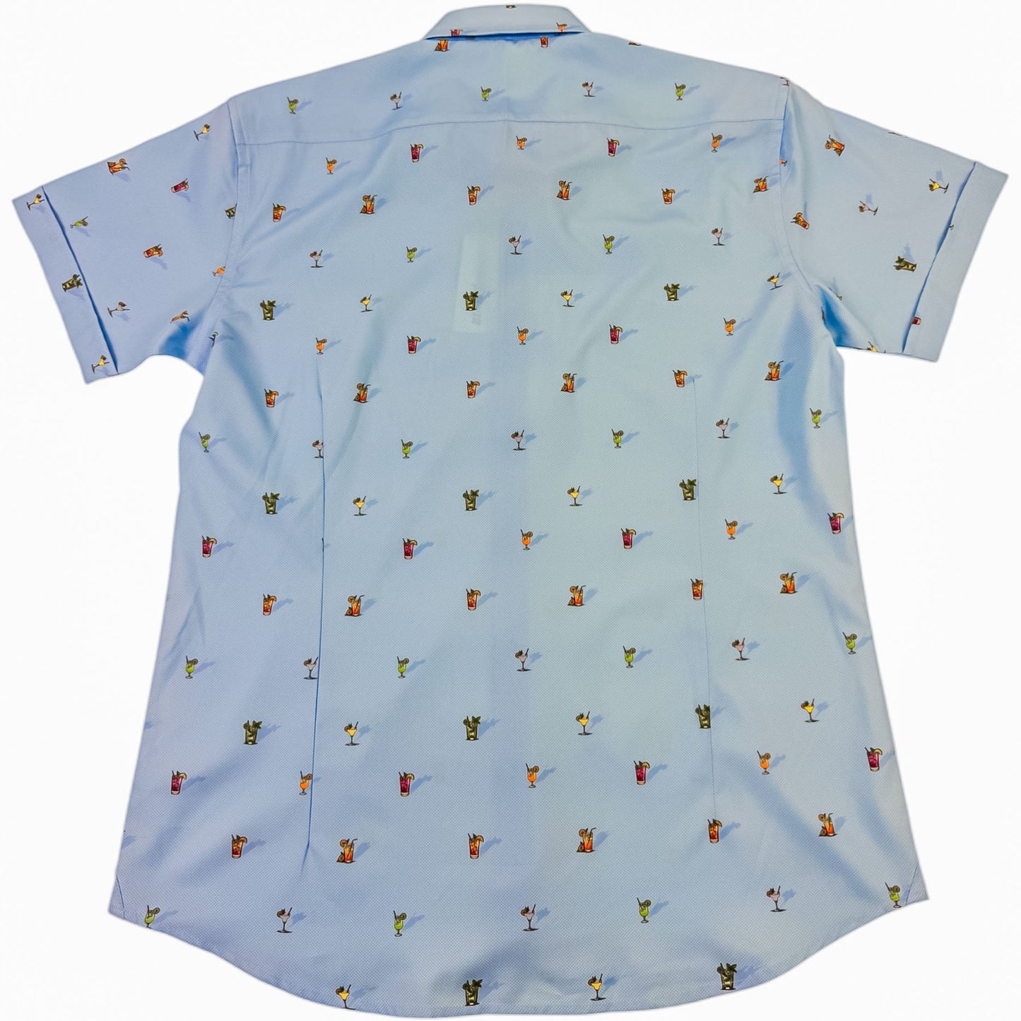 Light blue shirt with small colorful pattern on a white background