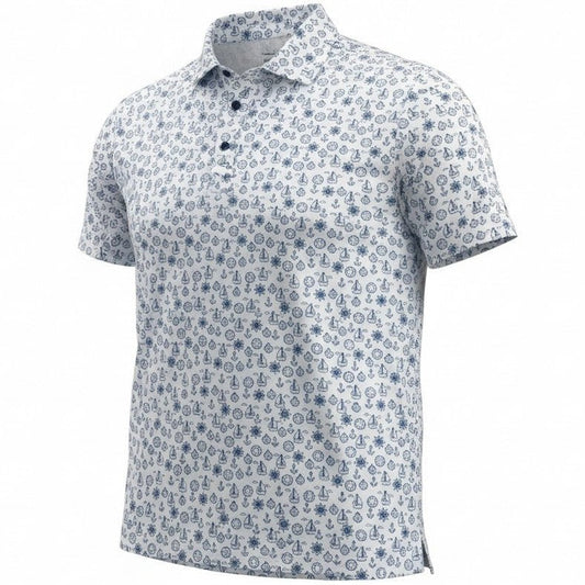 White polo shirt with blue floral pattern on a white background