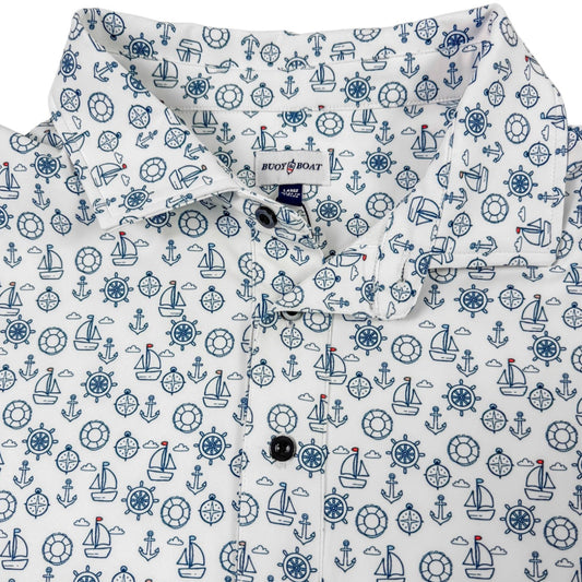 Folded shirt with nautical pattern on a white background