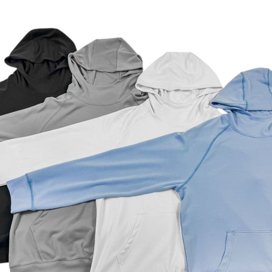 Four hoodies in black, gray, white, and blue on a white background