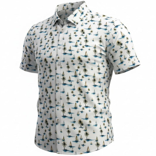 Short-sleeve shirt with tropical pattern on a white background