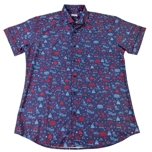 Blue shirt with red pattern on a beige background