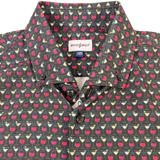 Patterned shirt with a visible brand label on a beige background