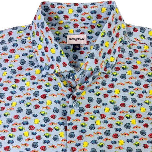Shirt with colorful fish pattern on a light blue background