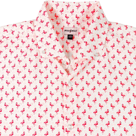 Floral patterned shirt with pink flamingo design on a white background
