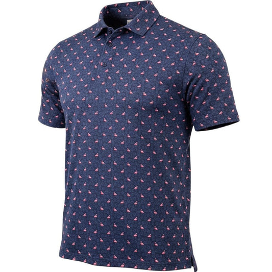 Navy blue polo shirt with pink flamingo pattern on a white background