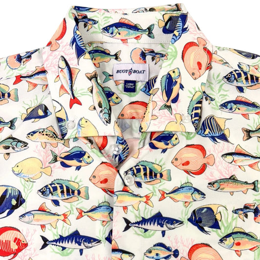 Shirt with colorful fish pattern on a white background