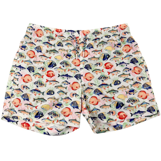 Colorful fish-patterned shorts on a white background