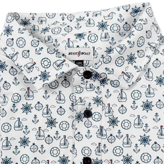 White tank top with blue nautical pattern on a white background