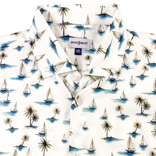 Shirt with sailboat and palm tree pattern on a white background