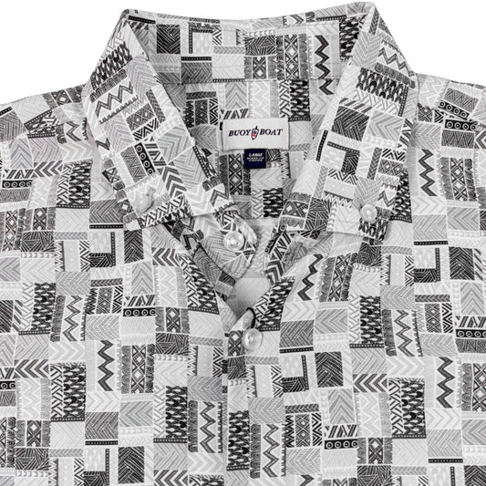 Patterned shirt with geometric design on a white background