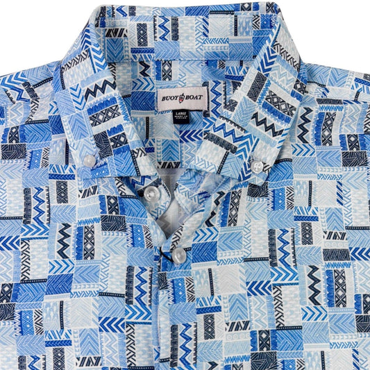 Blue patterned shirt on a white background