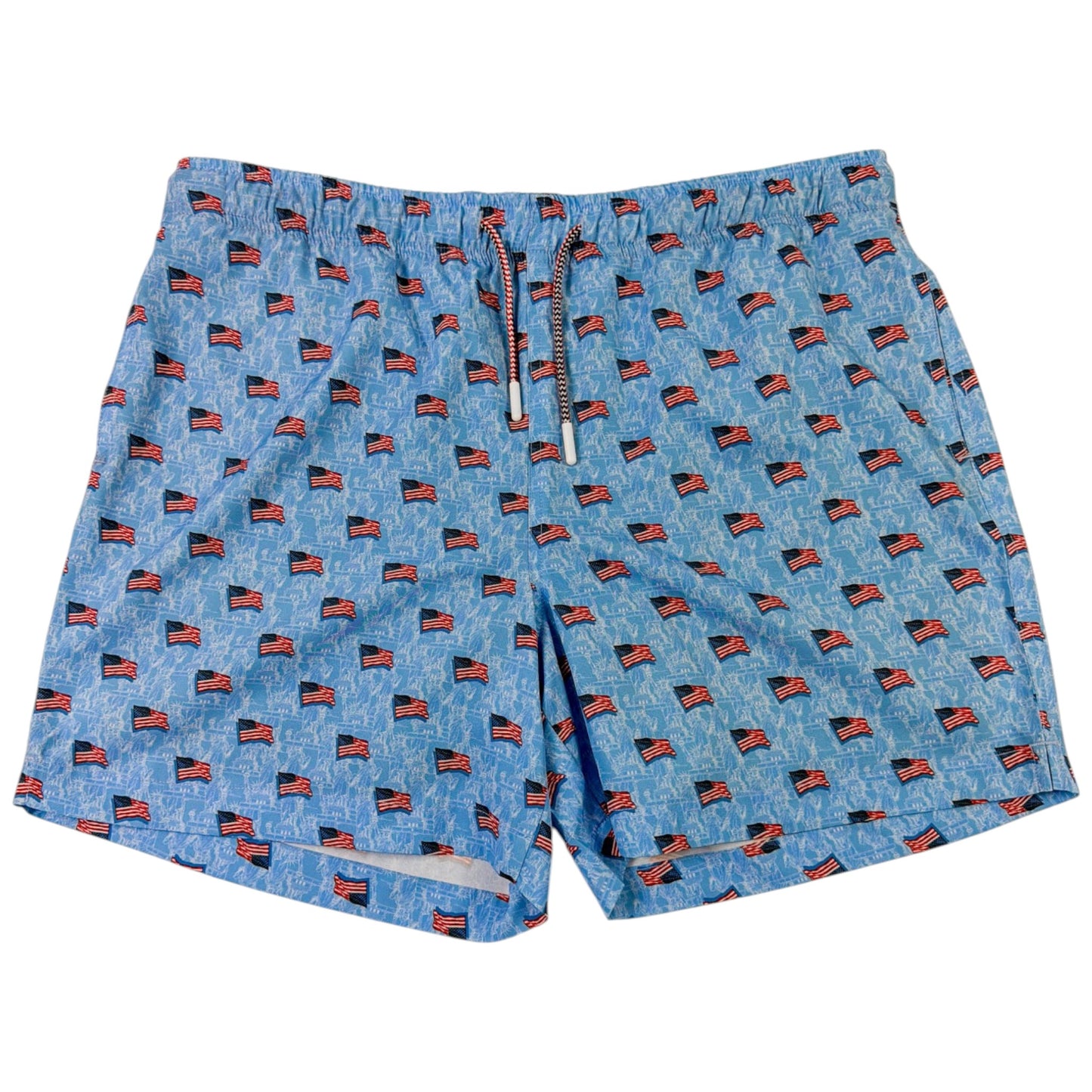 Blue swim shorts with American flag pattern on a white background