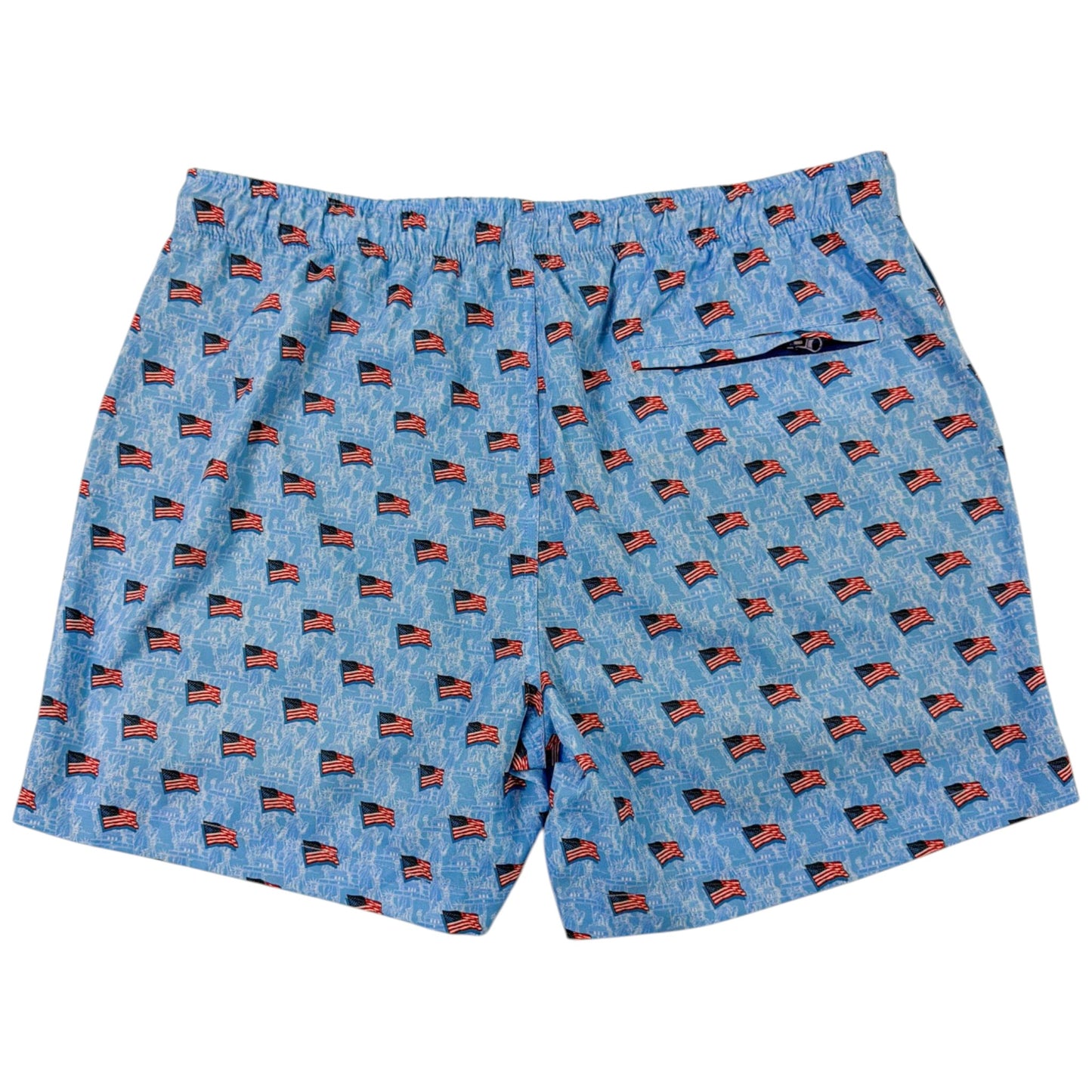 Blue shorts with American flag pattern on a white background