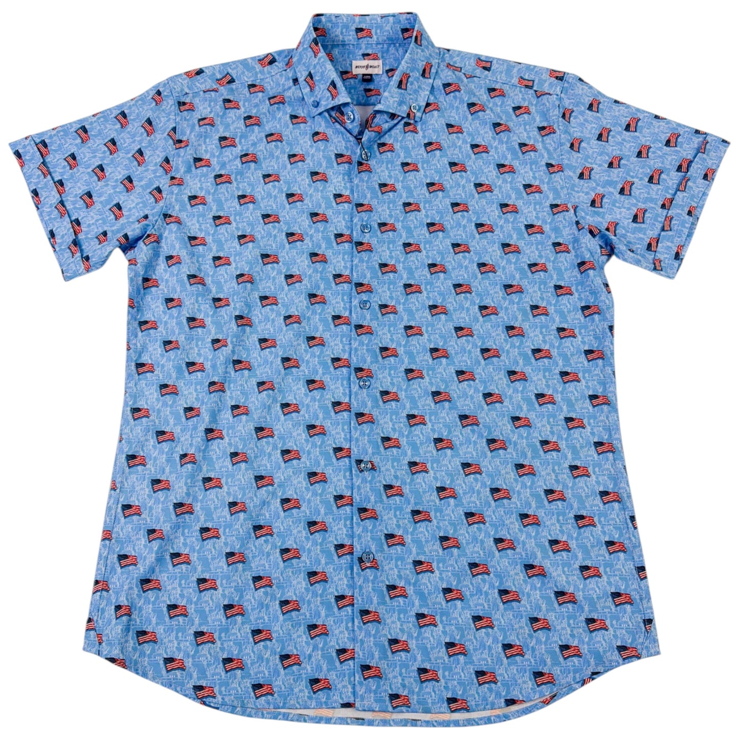 Blue shirt with small flag pattern on a white background