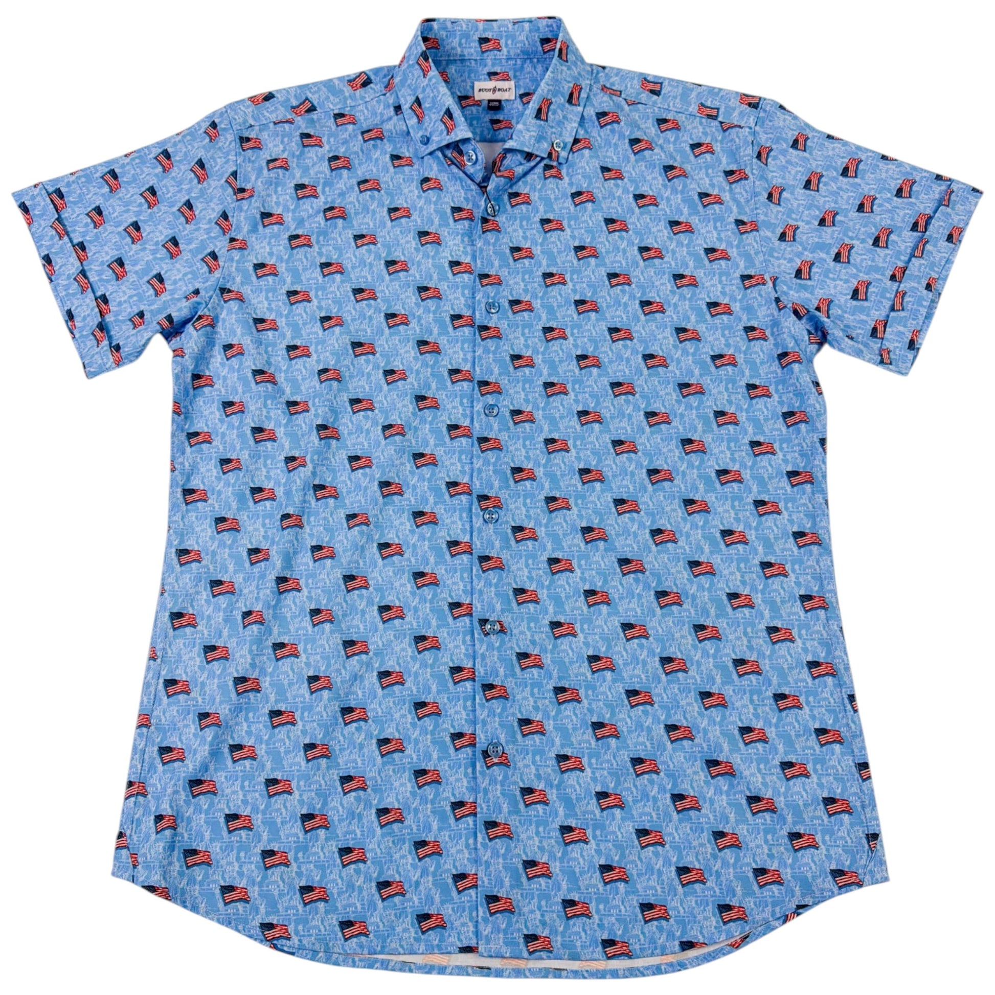 Blue shirt with small flag pattern on a white background