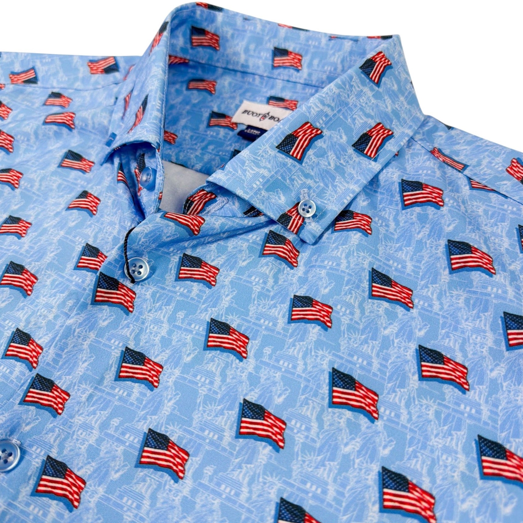 Blue shirt with American flag pattern on a white background