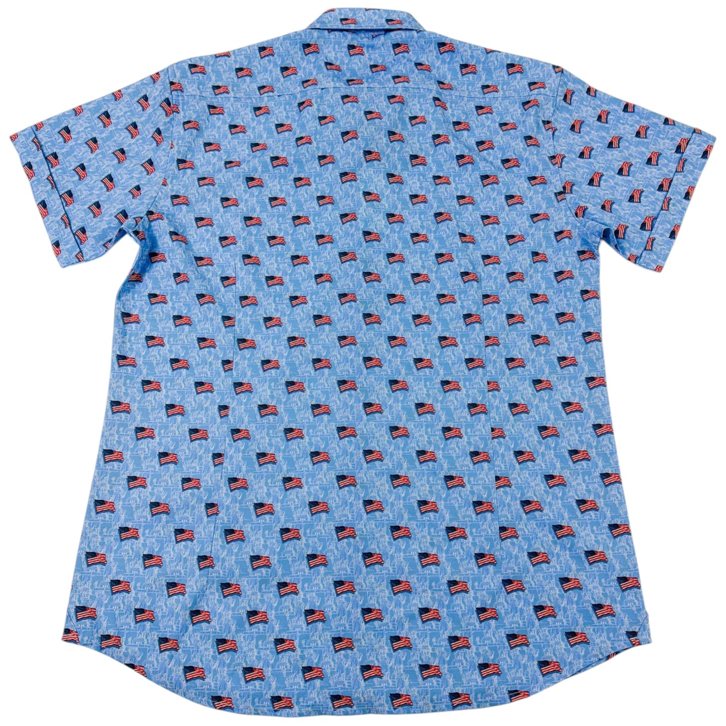Blue shirt with small flag pattern on a white background
