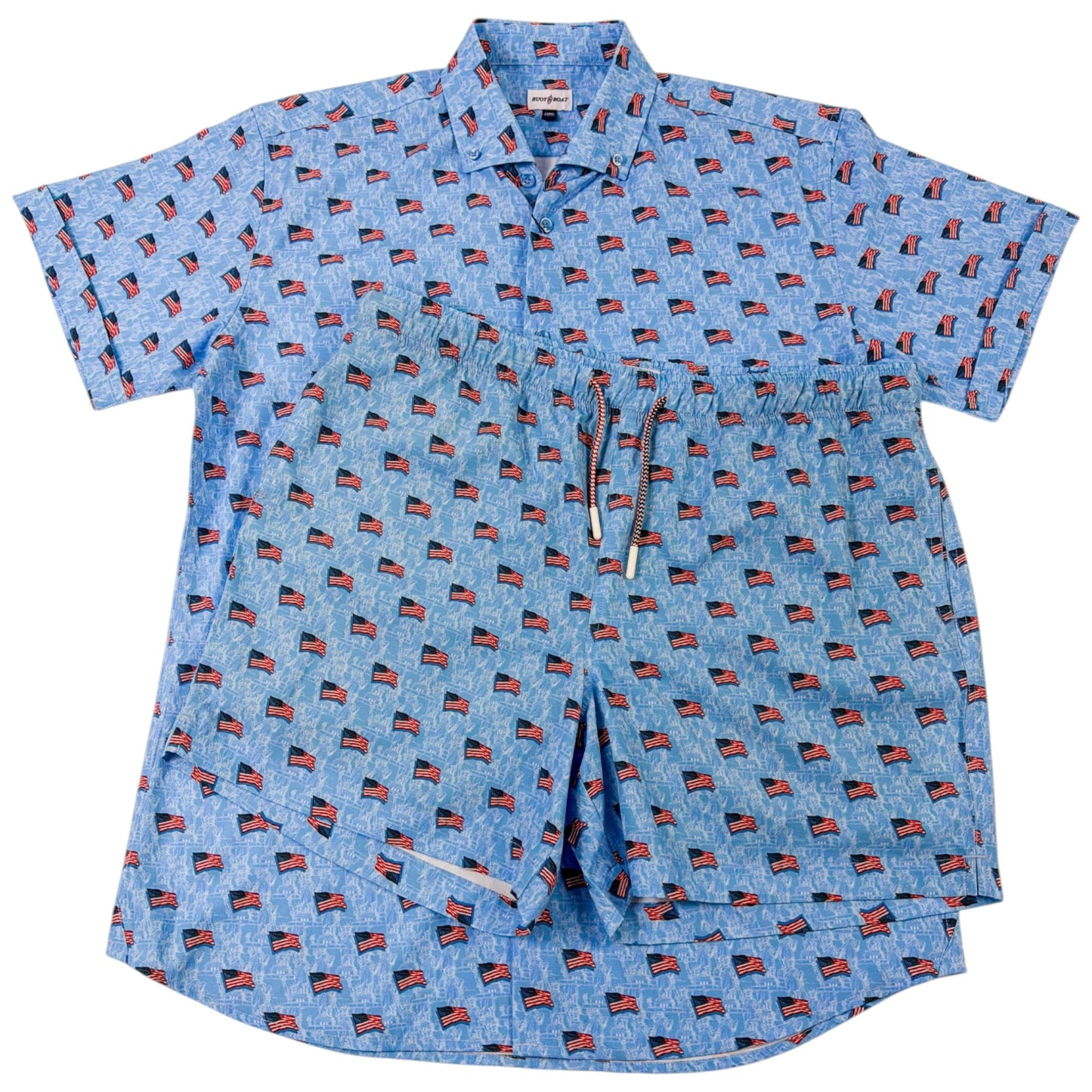 Blue shirt and shorts with small flag pattern on a white background