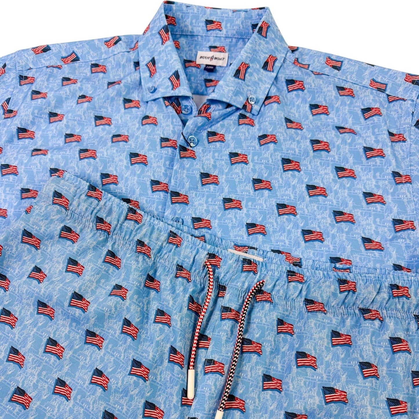 Blue shirt with American flag pattern on a white background