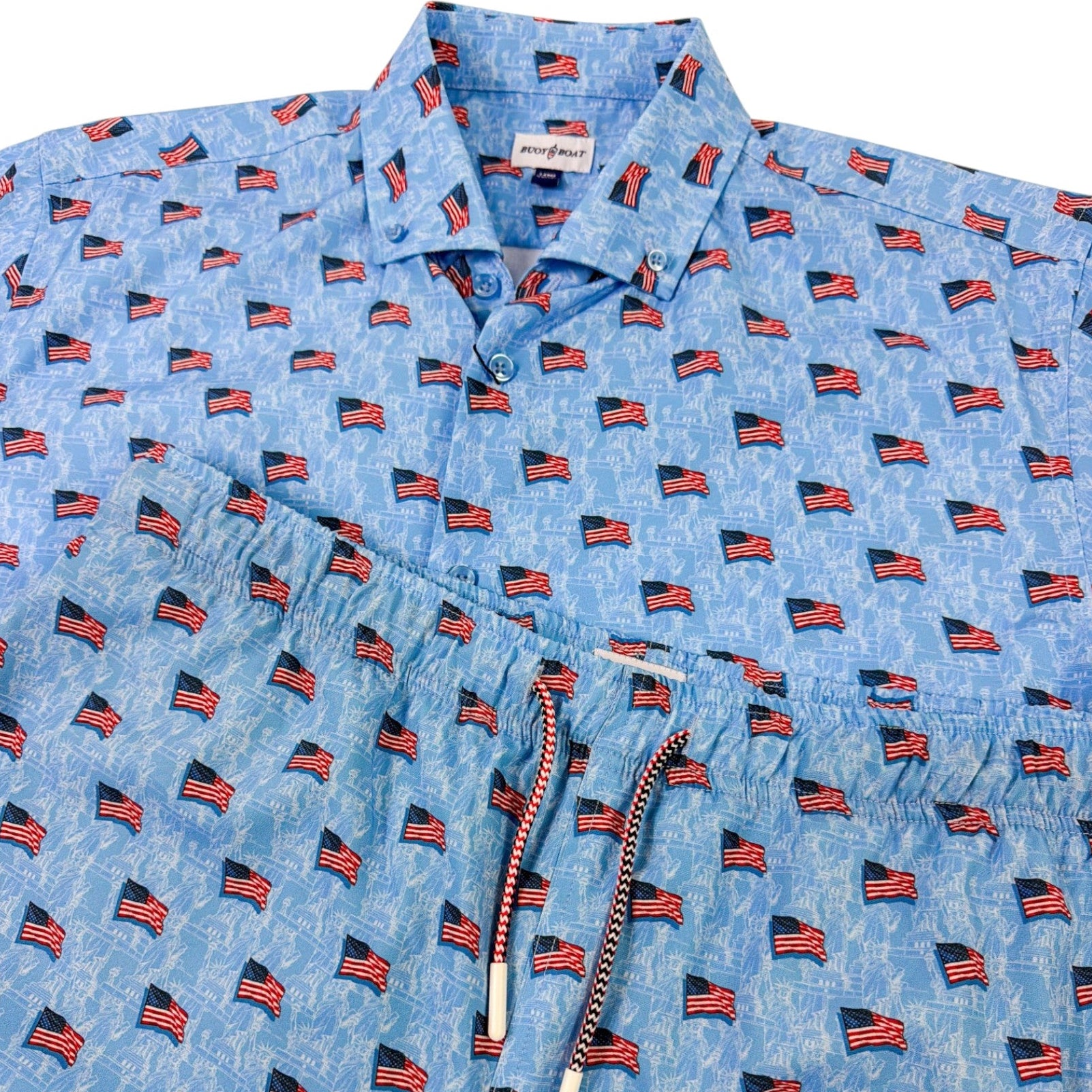 Blue shirt with American flag pattern on a white background