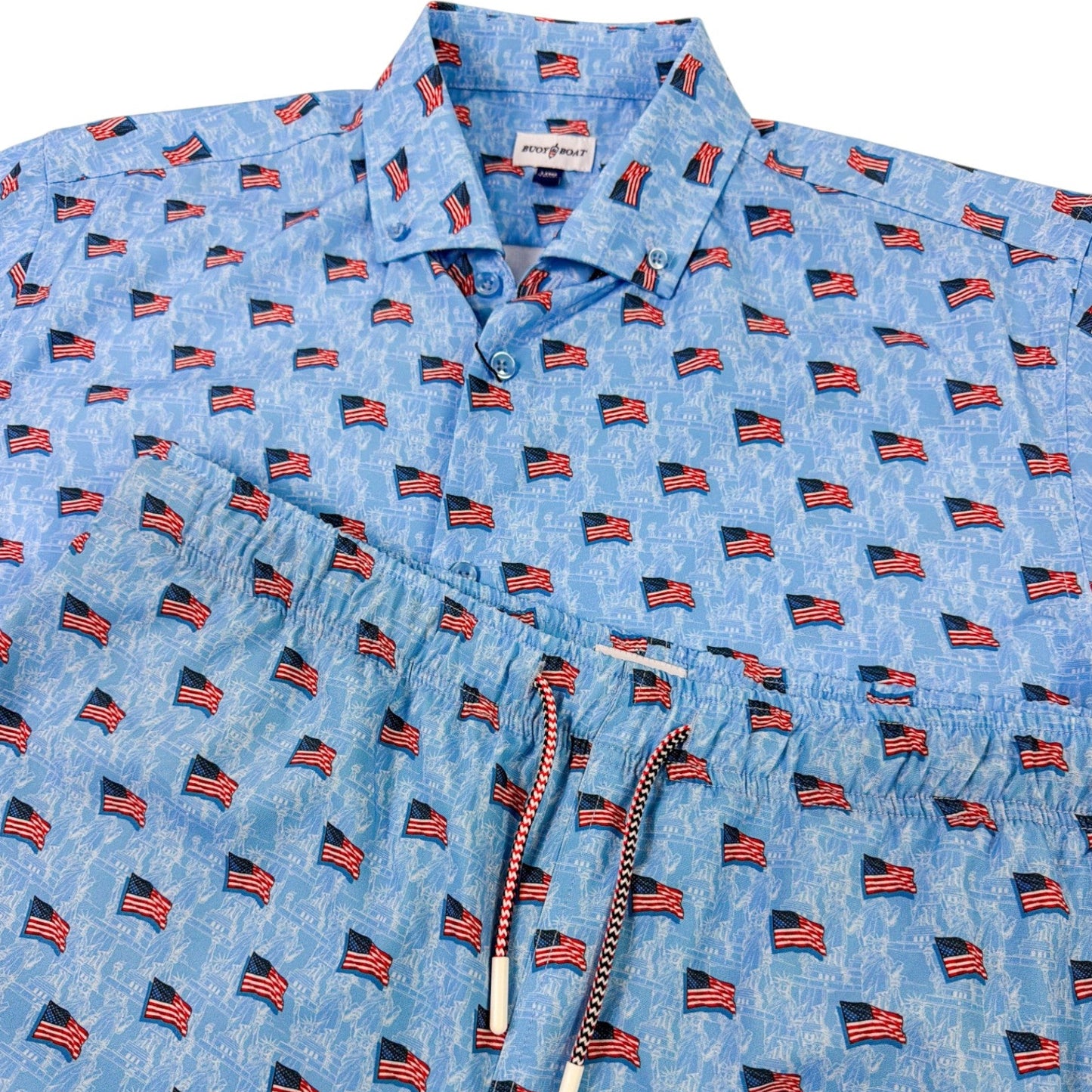 Blue shirt with American flag pattern on a white background