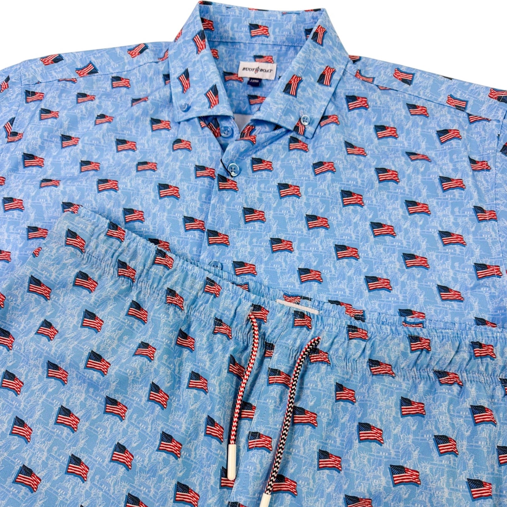 Blue shirt with American flag pattern on a white background