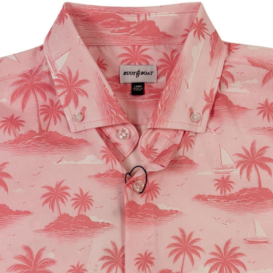 Pink shirt with palm tree pattern on a white background