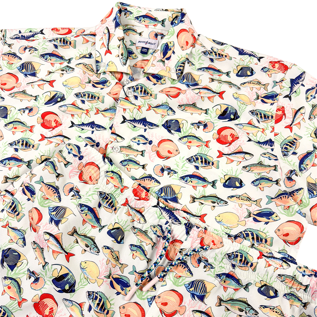 Tropical Fish Swim Trunks - Buoy & Boat - Swim Trunks - White