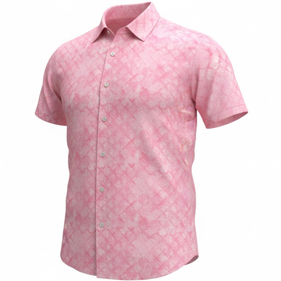 Pink short-sleeve shirt with a subtle pattern on a white background