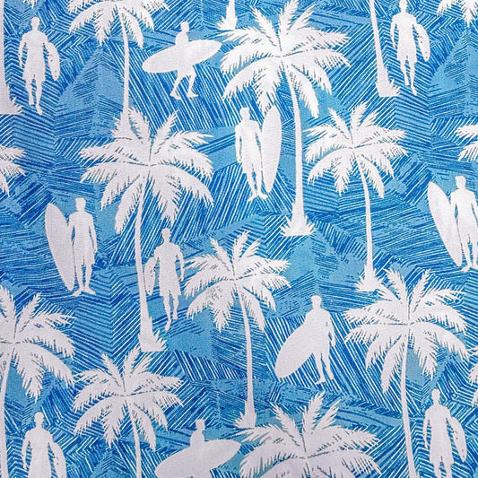 Pattern of palm trees and people with surfboards on a blue background