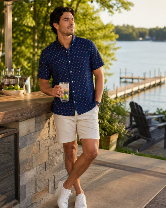 Small Skulls Woven Shirt - Navy - Buoy & Boat - Short Sleeve Performance Button Down - Navy