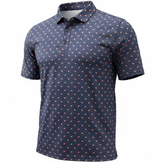 Navy blue polo shirt with small pattern on a white background