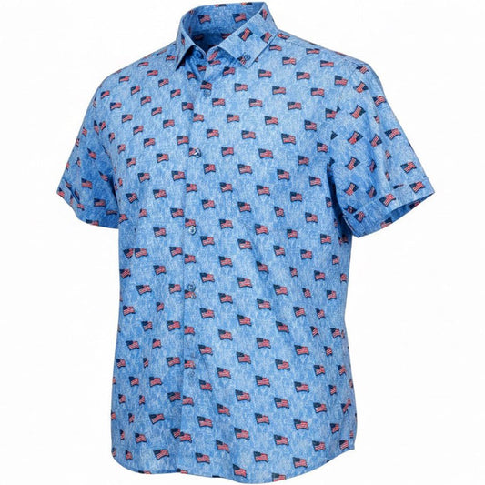 Blue short-sleeve shirt with flag pattern on a white background