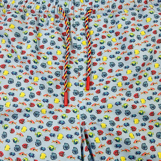 Colorful fish patterned shorts with drawstring on a light blue background