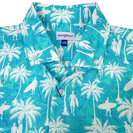 Teal shirt with white palm tree and surfboard pattern, featuring a brand label.