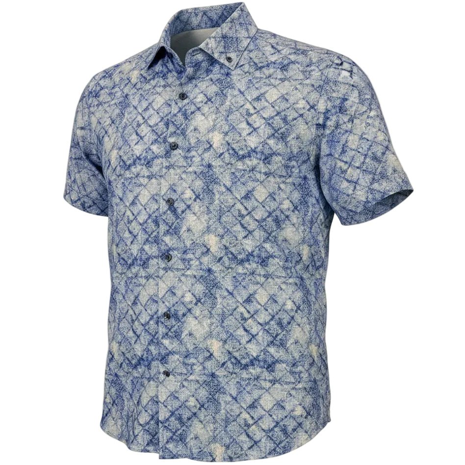 Blue and khaki patterned short-sleeve shirt on a white background