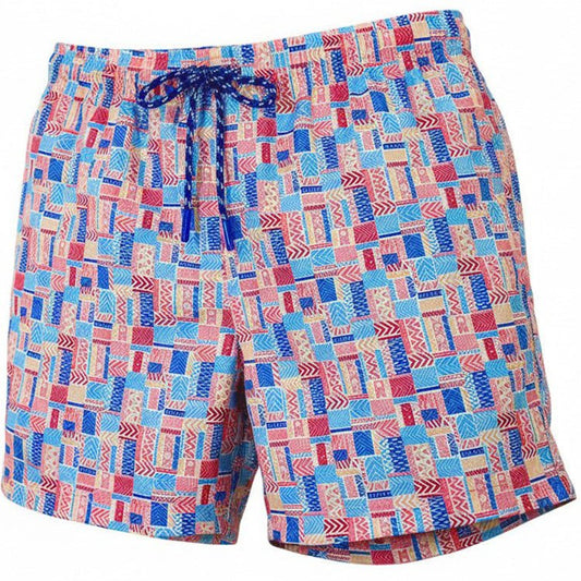 Colorful patterned shorts with a drawstring on a white background